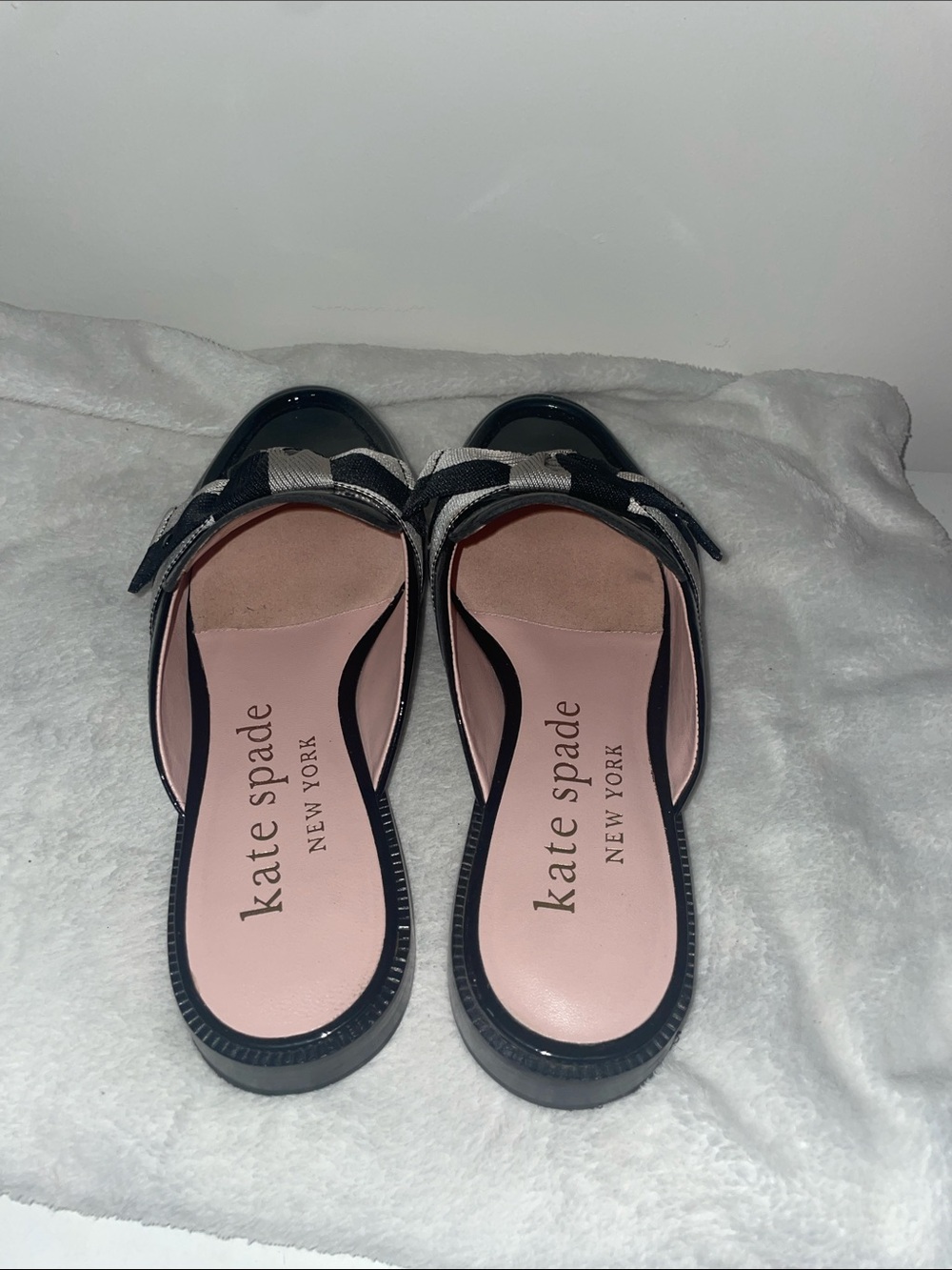 kate spade Black Patent Leather Slip-On Mules with Cream Bow Accent - Picture 4 of 5